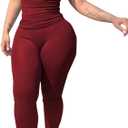 PINSV 2 Piece Sets for Women Summer Casual Jogger Workout Outfits Fitted Crew Neck T-shirt High Waist Legging Sets (Large, Wine Red)