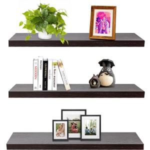 SAUMONIERES Floating Wall Shelves for Bedroom Bathroom Wall Mounted Solid Wood Shelf 24 Inch Set of 3, Espresso