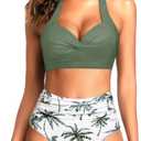 Tempt Me Women Two Piece Swimsuit High Waisted Bikini Halter Vintage Retro Bathing Suit Push up Swimwear (Large, Green Palm Tree)