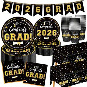 Graduation Decorations 2026 Disposable Black Graduation Tableware Kit for 25 Guests Plates Napkins Cups Tablecloth Hanging Graduation Party Decorations 2026