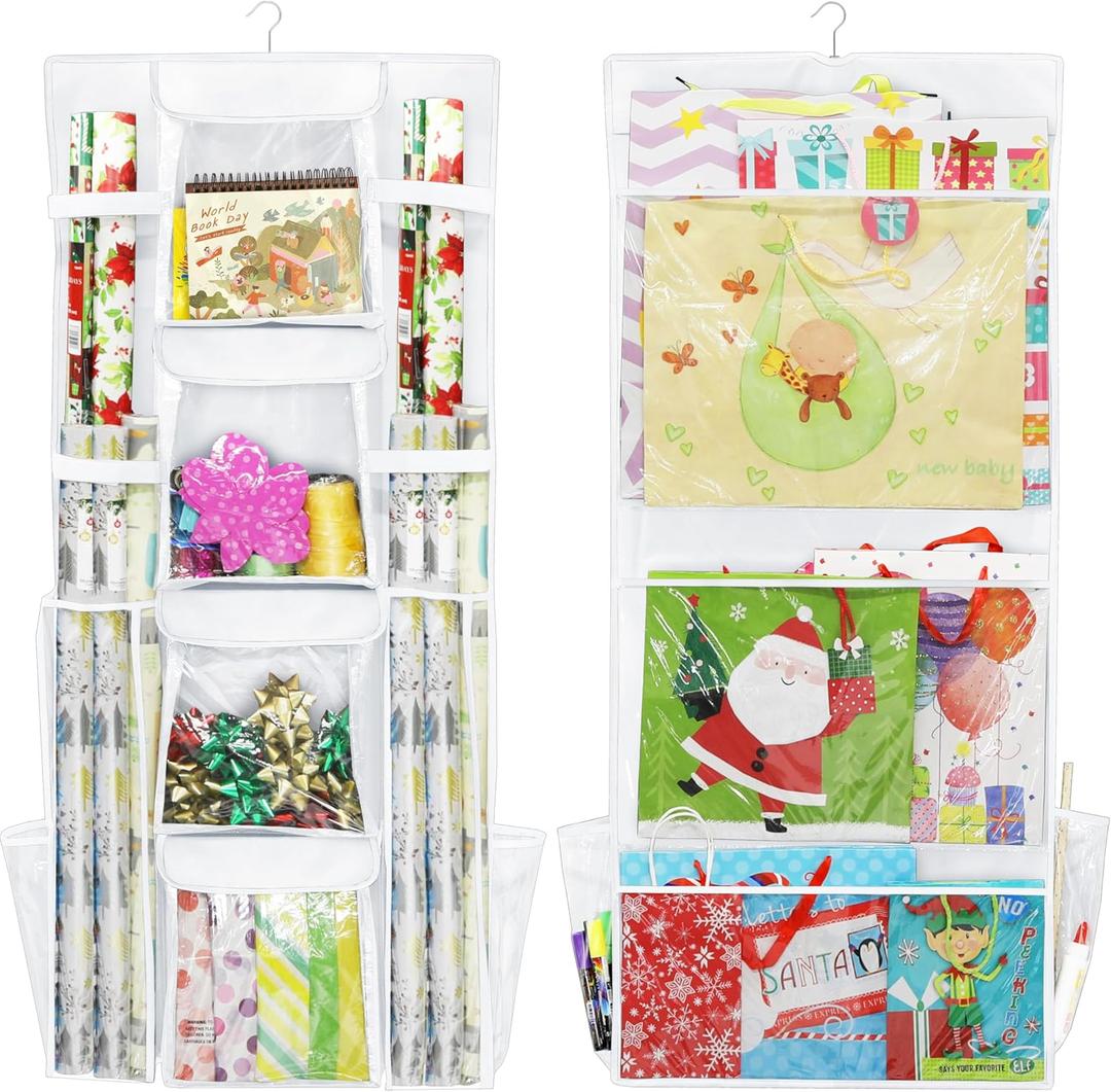 Simple Houseware Double-Sided Hanging Gift Wrap Organizer Storage Pockets, White (Set of 1)