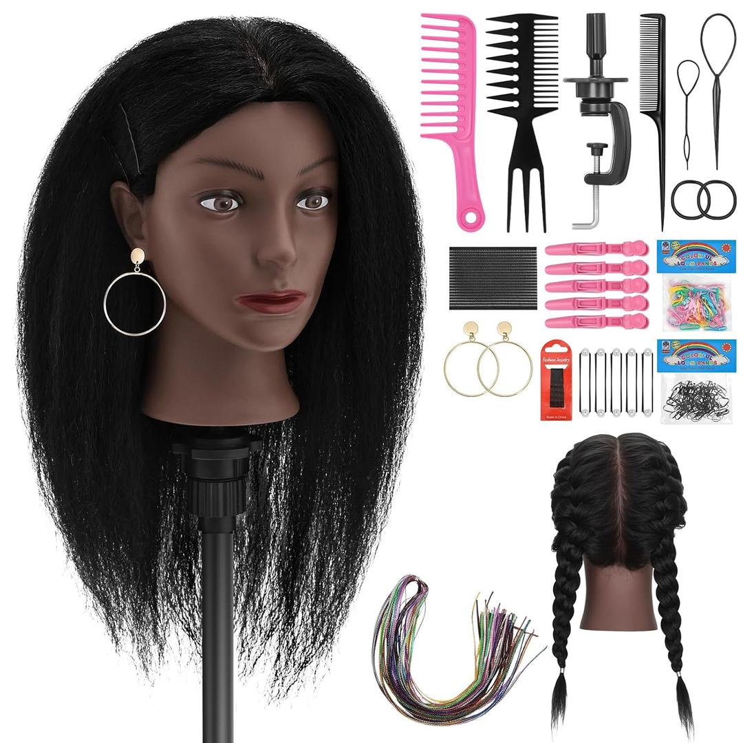 Mannequin Head 100% Human Hair, 18" Manikin Head with Real Human Hair Cosmetology Doll Head for Hairdresser Practice Braiding Hair Styling with Table Clamp Stand, Hair Style Kits