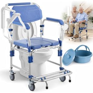 Shower Wheelchair with Drop Arms Lockable Casters, 330lbs Heavy Duty Bedside Commode, Waterproof Aluminum Shower Chair, Anti-Tilt Foldable Footrest, Sponge Padded Seat, for Elderly&Mobility