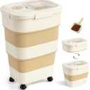 40-50lbs Dog Food Storage Container, Large Capacity Collapsible Airtight Pet Food Storage Containers with Rolling Wheels, Transparent Lid, Scoop and Date Track, Khaki