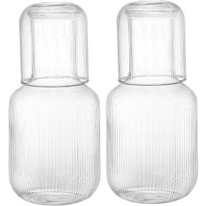 Bekith 2 Set 25 OZ Bedside Night Water Carafe with Tumbler Glass, Vertical Stripes Clear Glass Carafe for Bedroom Guest Room Nightstand, Mouthwash Decanter for Bathroom, Water Pitcher Set (4-Piece)