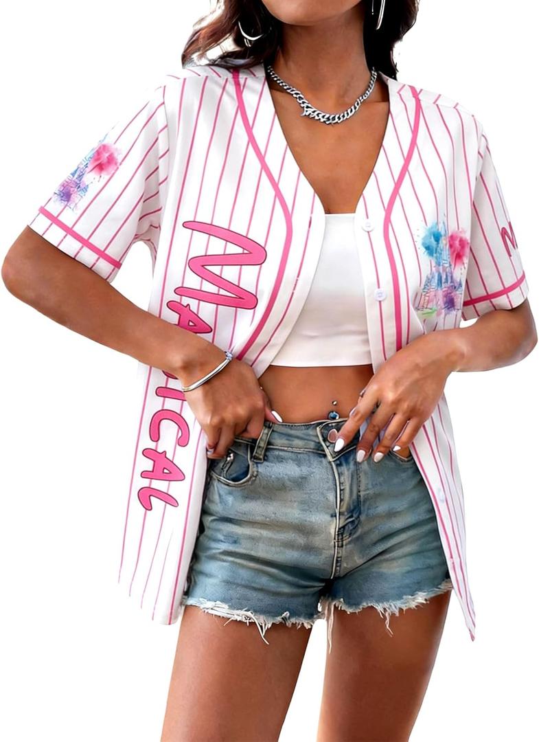 Magic Kingdom Baseball Shirt Women Princess Jersey Fairy Castle Graphic Tees Family Vacation Trip Short Sleeve Tops (X-Large, Pink)