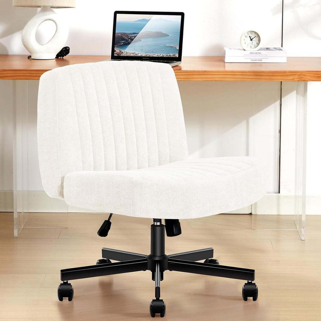 Criss Cross Chair with Wheels,Thick Padded Fabric Cross Legged Office Desk Chair with Pocket Spring Cushion,Dual-Purpose Base,Wide Adjustable Computer Home Office Vanity Chair,Cream White, X-Large