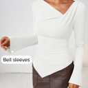 ZESICA Women's Long Bell Sleeve Shirts 2026 Fall Going Out Asymmetrical Crop Tops Slim Fit Ribbed Ruched Y2K Clothes (White, L)