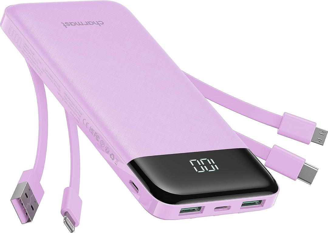 Charmast Portable Charger with Built in Cables, Power Bank with Cords Wires, Slim 10000mAh Travel Battery Pack 6 Outputs 3 Inputs 6A Fast Charging for Samsung Google Pixel LG Moto iPhone iPad (Purple)