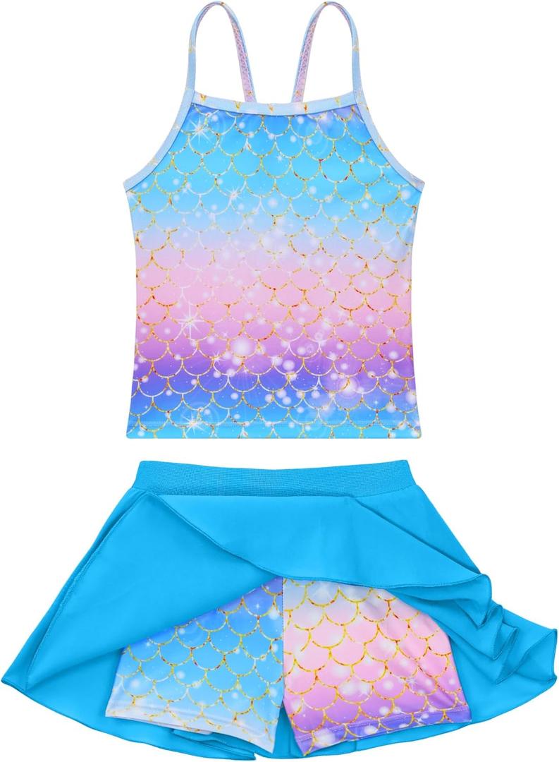 Girls Swimsuit Two Pieces Bathing Suit Multicolor Sleeveless Rash Guard Sets for Kids Child (8-9 Years, Pink Purple Blue)