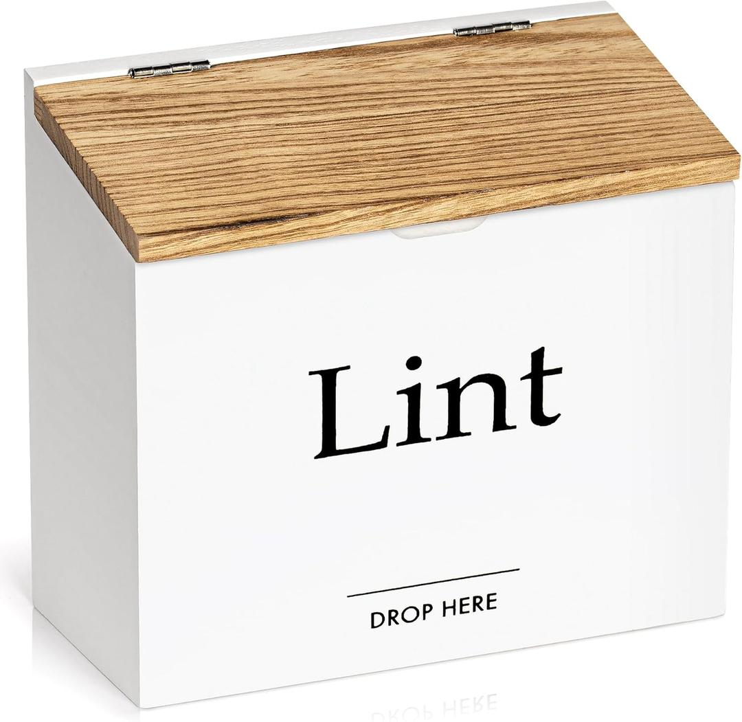 Magnetic Lint Bin for Laundry Room - Compact Size, Wooden Dryer Lint Bin with Lid - Rustic Lint Box, Magnetic Bin - Modern Farmhouse Laundry Room Decor, White with Torched Lid
