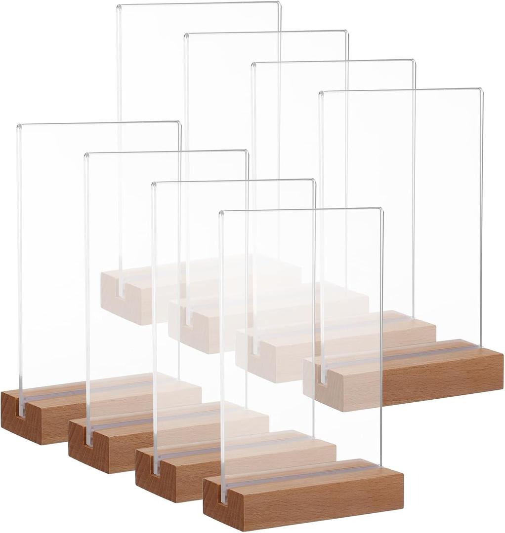 8 Pack Clear Acrylic Sign with Wood Base T Shape Sign Holder Vertical Acrylic Blank Stands Desktop Display Plastic Menu Frames Double Sided Flyer Stand for Wedding Restaurant Party Decoration