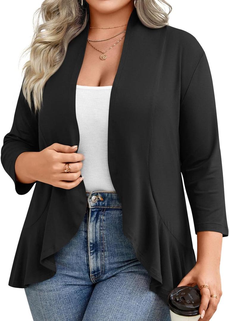 Anymiss Women's Spring Summer Plus Size Open Front Cardigan 3/4 Sleeve Lightweight Ruffle Hem 1X-6X (XX-Large, B-plus Size-black)