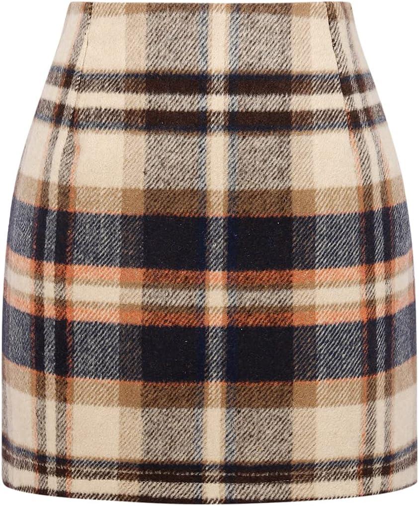 IDEALSANXUN Womens High Waist Plaid Skirt Bodycon Pencil Wool Mini Skirts