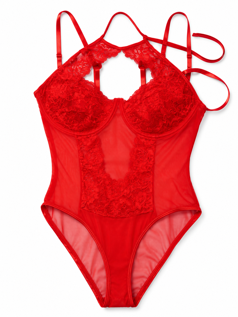 Girece Sexy Lingerie for Women Lace Lingerie Bodysuit Mesh Tummy Control Teddy Lingerie Halter Snap Crotch One Piece Lingerie Top with Underwire Bra Support (Wine Red,2XL)