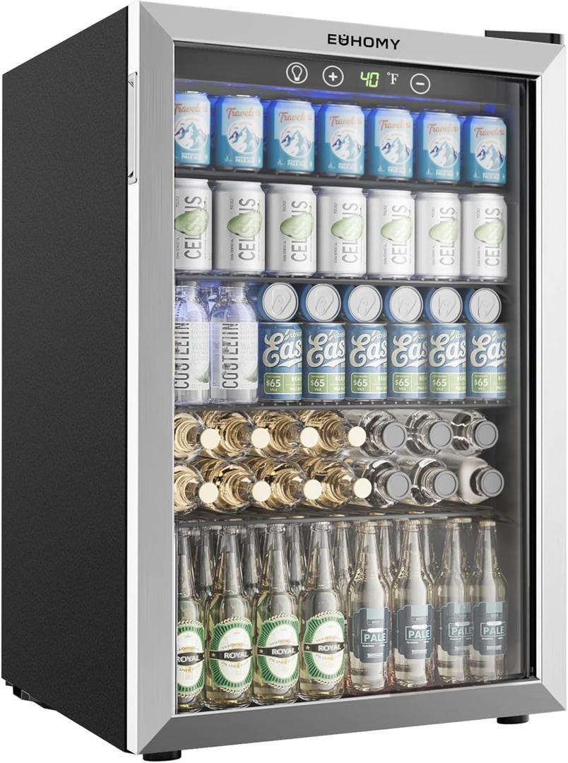 EUHOMY 4.5 Cu.ft Beverage Refrigerator and Cooler, 145 Can Mini fridge with Glass Door for Soda Beer Wine, Small Drink Dispenser with Digital Adjustable Thermostat for Home Office Bar