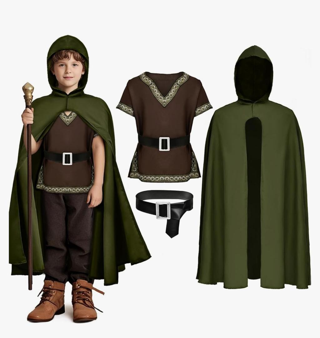 G.C Kids Renaissance Shirt Cloak Costume Belt Boys Medieval Costume Accessories Outfit Knight Hooded Cape Halloween Cosplay, 120