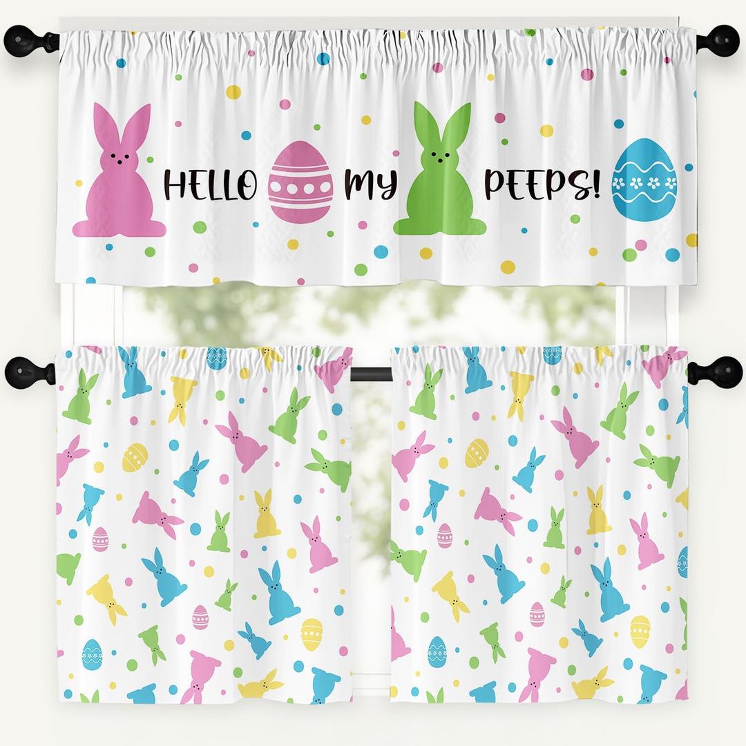 Easter Kitchen Curtains 24 Inch LengthDurable Floral Easter Kitchen Curtains 3 Piece Set, Vibrant Colors Rabbit Eggs Kitchens Window Curtain Over Sink for Kitchens Decor Blackout (54"W x 24"L (Pack of 1))
