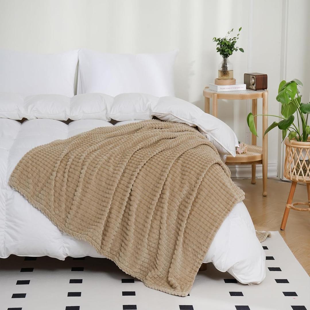 Puncuntex Flannel Fleece Throw Blanket Khaki 108"x90",Super Soft Plush Cozy Blanket with Square Grid Design Luxury for Couch Sofa Chair