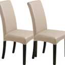 Waterproof Dining Chair Covers - Solid Oilproof PU Leather Chair Covers 2 Pack, Stretch Protector for Kitchen & Dining Room (Khaki, 2PC)