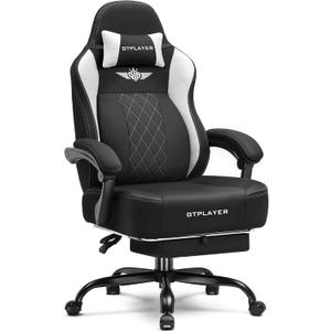 GTPLAYER Big and Tall Gaming Chair Breathable Fabric Computer Chair with Strong Lumbar Support, Comfortable Office Chairs with Pocket Spring Cushion, High Back Ergonomic Desk Chairs with Footrest (Black White)