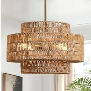 4-Light Boho Rattan Chandelier Light Fixture, 17.7” Hand Woven Rustic Chandeliers Farmhouse Chandelier Hanging Light for Dining Room Kitchen Island, Living Room, Foyer
