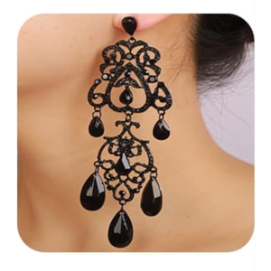 Vintage Black Rhinestone Dangle Drop Earrings Art Deco Vintage Style Chandelier Earrings Black Beads Rhinestone Statement Earrings Halloween Dangle Drop Earrings