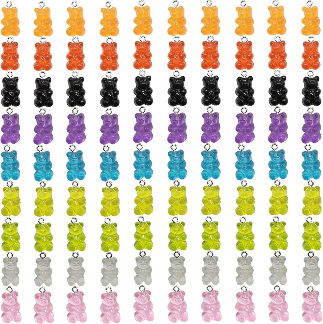 TIHOOD 100 PCS Resin Gummy Bear Pendant Colorful Candy Charms Cartoon Keychains Necklace Charm Cute Bracelet Accessories for Child DIY Craft