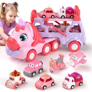 7 in 1 Carrier Truck Toys for 1 2 3 Year Old Girl Birthday Gifts, Princess Toddler Toys Age 1-3 2-4, Toddler Girl Car Toys with Light & Music, Toy Car for Girls