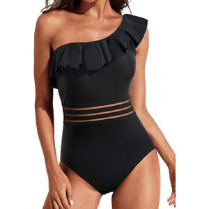 Tempt Me Women One Piece Swimsuits Tummy Control One Shoulder Bathing Suits Ruffle Swimwear L