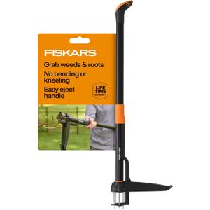 Fiskars Stand-Up Weed Puller Tool, 4 Serrated Stainless Steel Claws Grip Roots for Permanent Removal, Reinforced Foot Platform Penetrates Tough Soil, Easy-Eject & Ergonomic Offset Handle, 39"