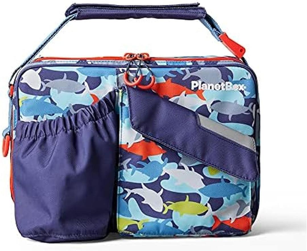 PlanetBox Insulated Lunch Bag  Camo Shark Edition Carry Bag with Pockets for Water Bottle and Snacks  Durable, Easy to Clean, and BPA Free (9 x 12 x 2.5 in)