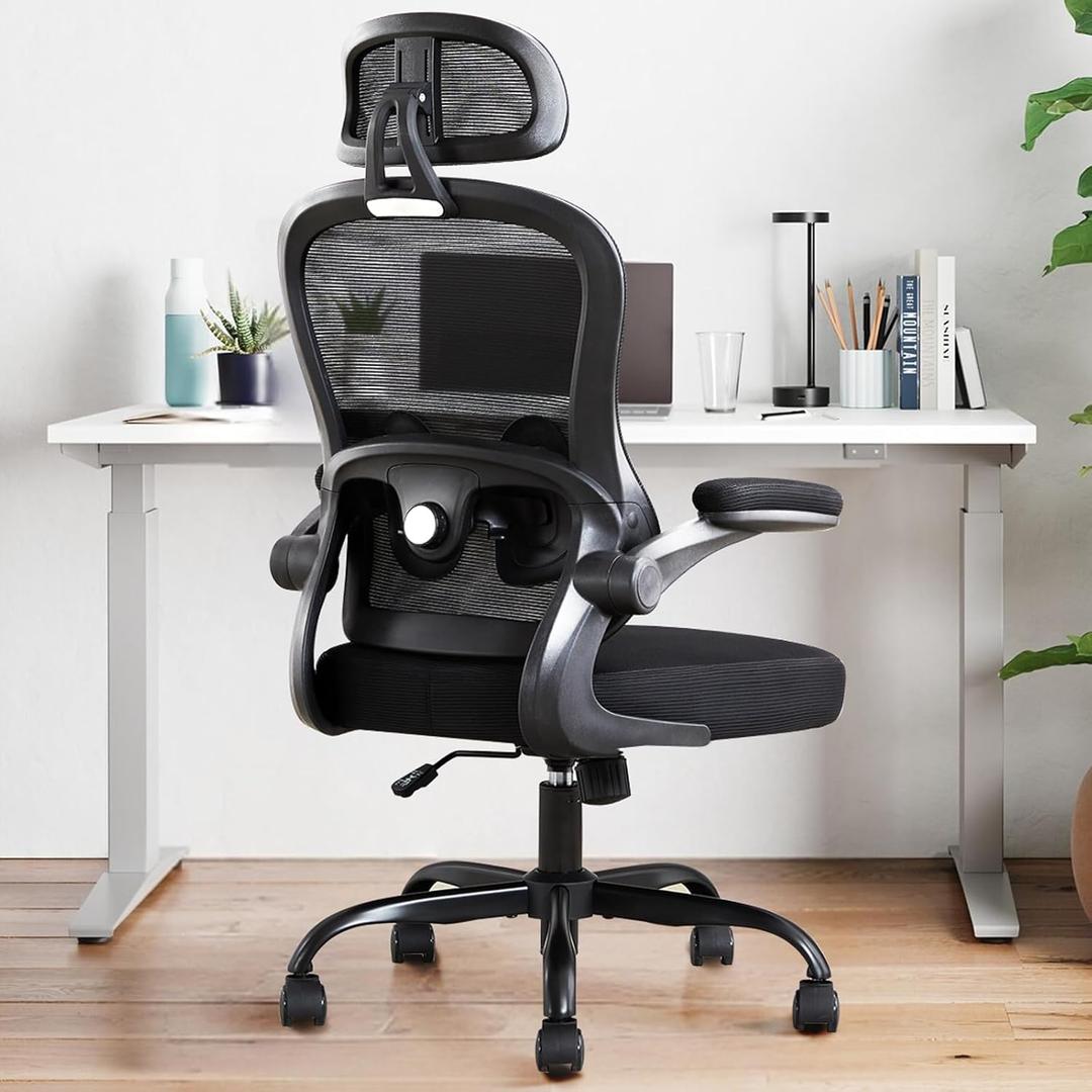 Ergonomic Office Chair,Ultra Thick Office Desk Chair with Adjustable Lumbar Support and Headrest,Spring Cushion,Rocking Function,Flip-up arms,Mesh Computer Chair for Home Office,Black, Large