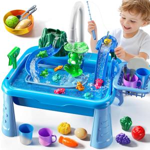 JUKUDAHU Water Table Play Sink Toy for Kids 2 3 4 5 6 Years Old - Outdoor Kitchen with Running Water, Fishing Games, Toddler Water Play Table for Kids Ages 3-8, Beach Outdoor Toys, Summer Gifts, Blue Electrical Water Table