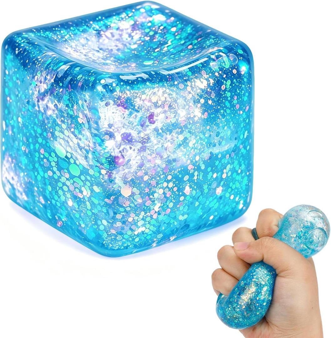 3 x Glitter Ice Cube Squishy Fidget Toys, Slow Rising Stress Relief Squeeze Toy | Square Stress Ball Filled with Thick Substance and Glitter, Nice Gift for Adults and Kids, Office Desk Toy for Anxiety Relief