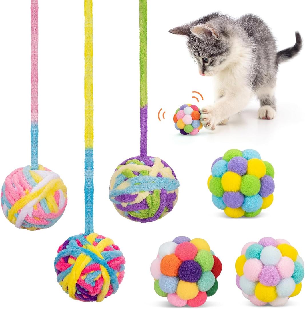 Retro Shaw Cat Toys Balls, 6Pcs Woolen Yarn Cat Balls with Bells Inside, Interactive Kitten Toys for Indoor Cats Kitty, Soft Pompom Jingle Ball with String Cat Nip Toys