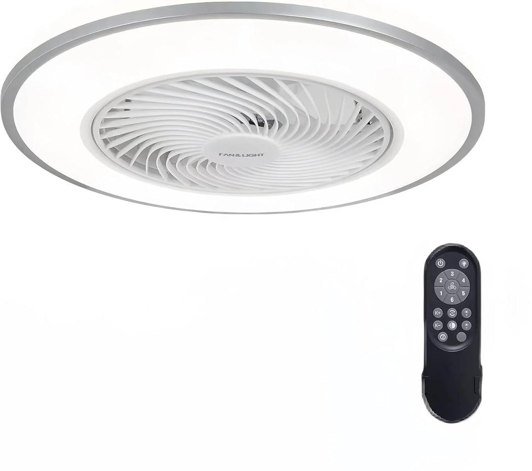 20'' Ceiling Fans with Lights, Low Profile Ceiling Fan with Light and Remote, Flush Mount Ceiling Fan with 6-Speed Reversible for Bedroom Living Room Kitchen (White+Silver)