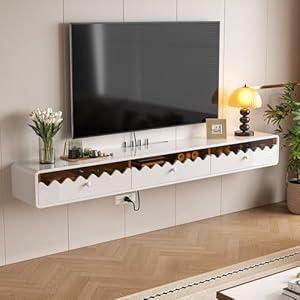 55'' Floating TV Stand with Glass Drawers and Door, Wall Mounted TV Console,Stylish Floatting Entertainment Center Media Console Under TV Shelf for Living Room Bedroom,Fully-Assembled (9.4"D x 55"W x 8.7"H)