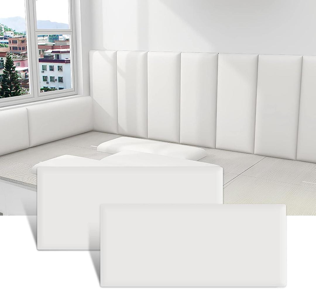 3D Anti-Collision Wall Padding for Kids, Peel and Stick Upholstered Wall Panels, Queen Headboard, Playroom Decorative Protection Wall Stickers, Pack of 2 Panels Sized 23.6 X 11.8 (White)