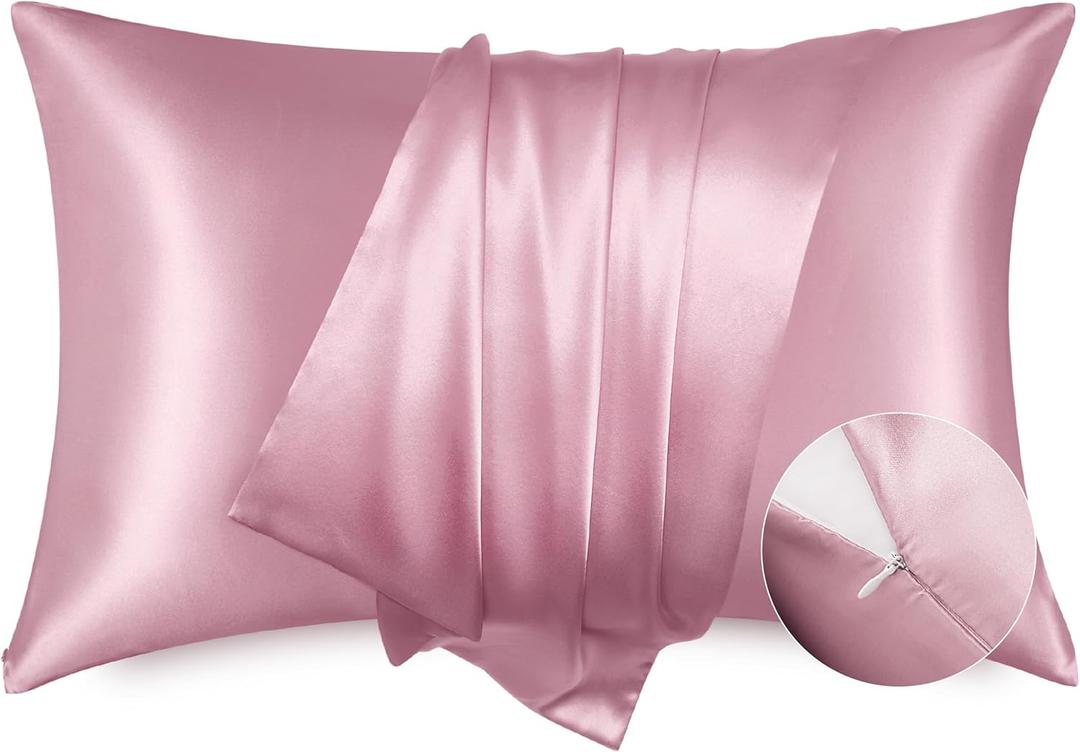 Bedsure Satin Pillowcase with Zipper, Similar to Silk Pillow Cases 2 Pack, Satin King Size Pillow Cases Set of 2, Silky & Soft Pillow Cover for Hair and Skin, Gifts for Women Men, Pink, 20x36 Inches