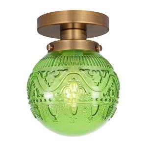 Green Globe Glass Semi Flush Mount Small Hall Ceiling Light, Modern Gold Lighting for Kitchen, Bedroom, Hallway, Porch
