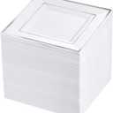 bUCLA 100PCS White and Silver Square Plastic Plates - 6inch Disposable Dessert Plates - Suitable for Weddings, Parties, Christmas