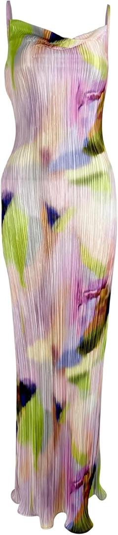 LASPIA Cowl Neck Dress Sexy Strap Shoulder Pleated Maxi Dresses Summer Wedding Guest Dresses for Women (Pink), XS