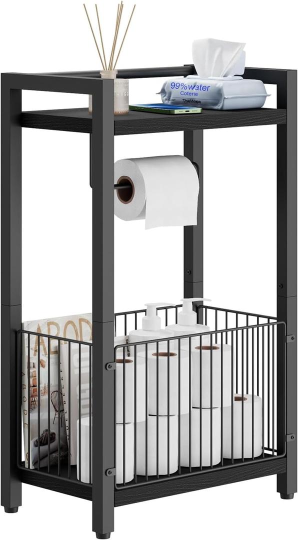 IBUYKE Freestanding Toilet Paper Holder Stand with Storage Shelf,Bathroom Toilet Tissue Roll Dispenser with Extra Space for Rolls, Magazines, Wet Wipes Black TLJ020B