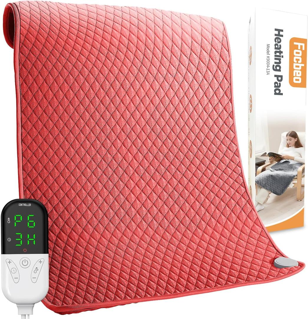 King Size Heating Pad for Back Pain 32"x24" Extra Large Electric Heating Pad for Period Cramps Relief & Body Neck Shoulder Auto Shut Off Heat Pad Temperature Settings Machine Washable Red