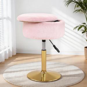 LITZFUR Adjustable Vanity Stool with Storage, 360 Swivel Gold Chair, Faux Fur Small Round Ottoman Footrest for Bathroom, Makeup Room, Pink