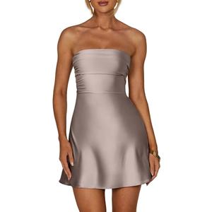 XXTAXN Women's Sexy Tube Strapless Ruched A Line Wedding Guest Cocktail Satin Mini Dress (L)