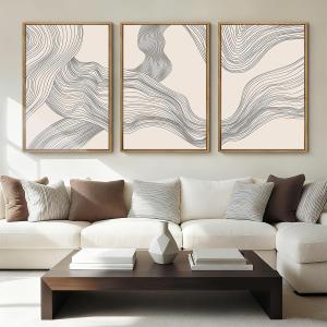 Large Beige Abstract Wall Art Framed Neutral Modern Canvas Wall Decor Minimalist Line Wave Painting 24x36 Inch Pictures Set of 3 for Living Room Bedroom Dining Room