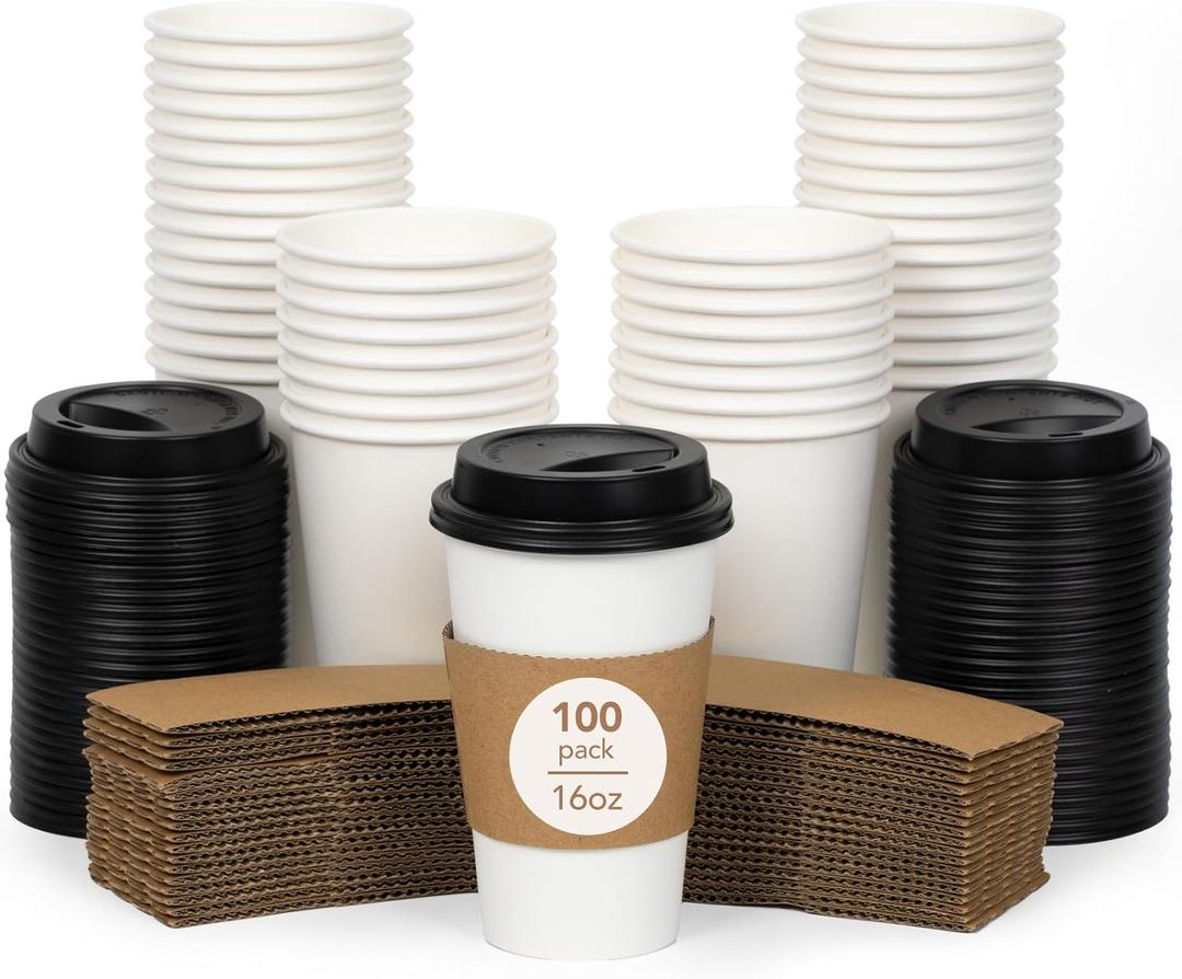 DAILYLIFE 16oz Disposable Coffee Cups with Black Lids & Sleeves-100 Pack, Bulk Thickened Paper for Hot Drinks, DIY Personalized, Durable Design for Home, Office, Travel and Stores