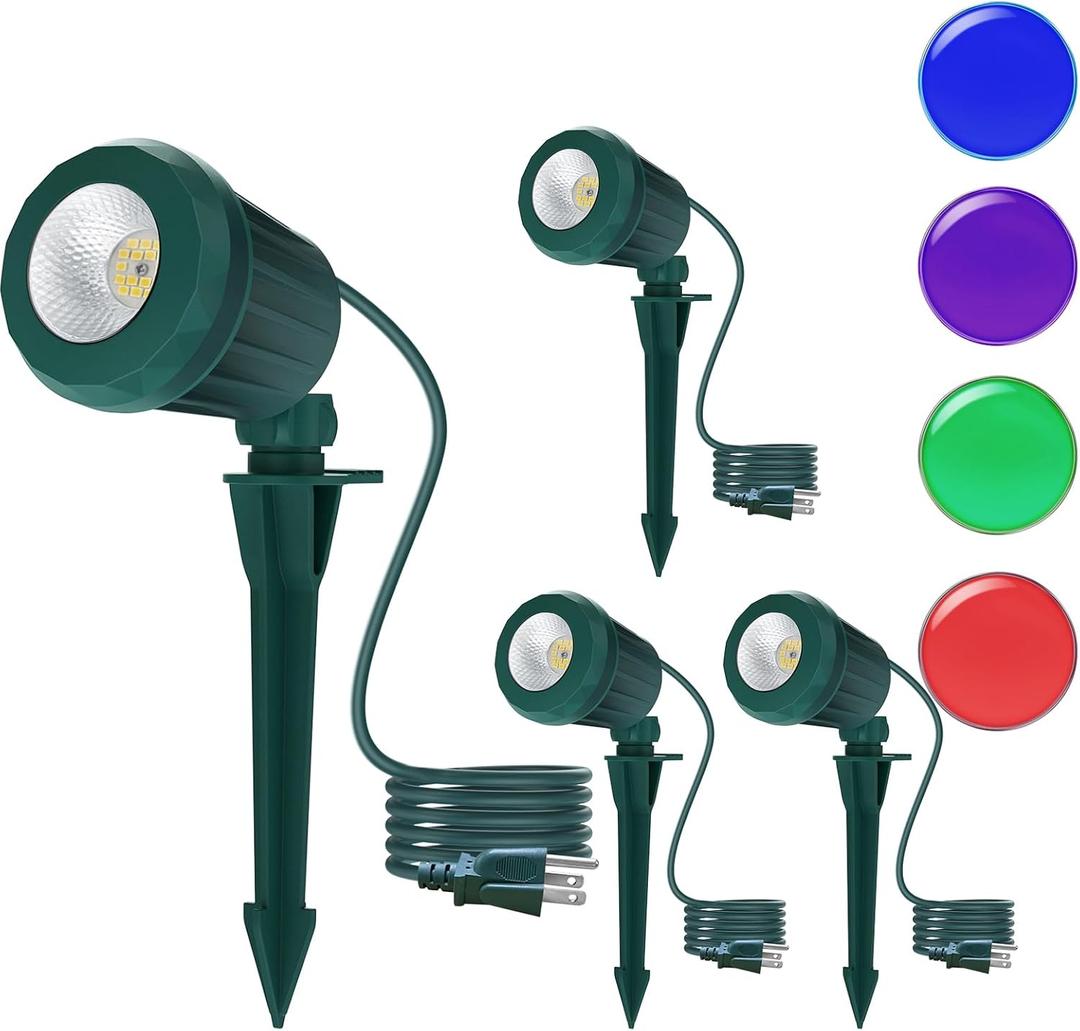 Halloween & Christmas Outdoor Spotlight, 6500K Cool White LED Landscape Lighting with 4 Lenses (RGB Purple), IP67 Waterproof, 120V Plug-in for Yard, Garden Tree Holiday Decor(4 Pack, Green)